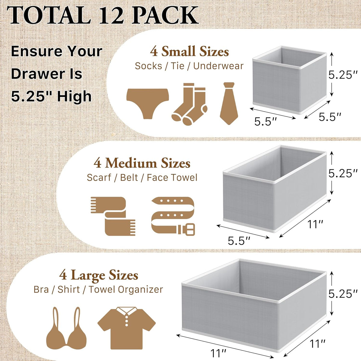 Underwear Drawer Organizer, Set of 4, Gray