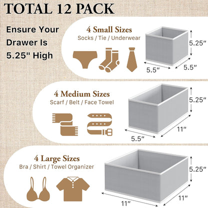 Underwear Drawer Organizer, Set of 4, Gray