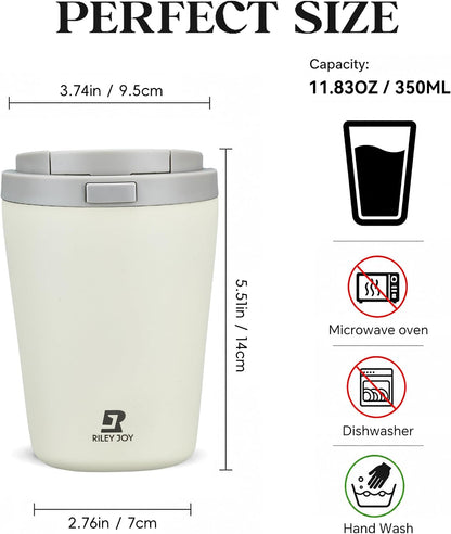 12oz Insulated Travel Coffee Mug, Hot & Iced Coffee Cups with Lids, White | 100% Leak Proof, Stainless Steel Vacuum Insulated, Cup holder Friendly, One-Touch Open, To Go, Reusable, Coffee Tumbler