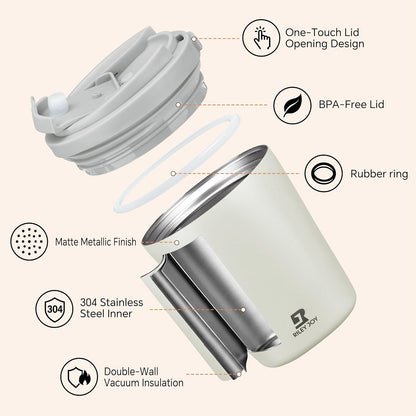 12oz Insulated Travel Coffee Mug, Hot & Iced Coffee Cups with Lids, White | 100% Leak Proof, Stainless Steel Vacuum Insulated, Cup holder Friendly, One-Touch Open, To Go, Reusable, Coffee Tumbler