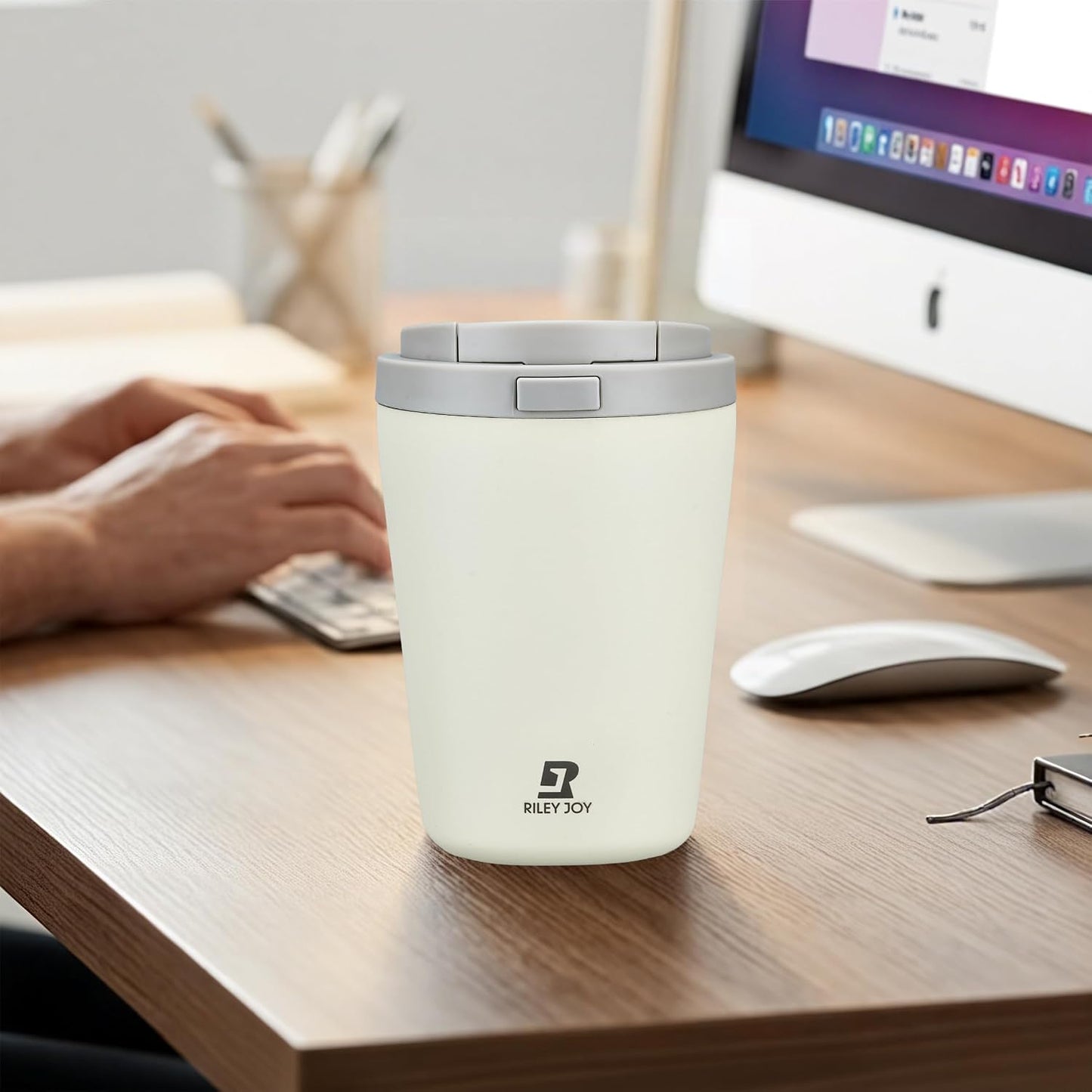 12oz Insulated Travel Coffee Mug, Hot & Iced Coffee Cups with Lids, White | 100% Leak Proof, Stainless Steel Vacuum Insulated, Cup holder Friendly, One-Touch Open, To Go, Reusable, Coffee Tumbler