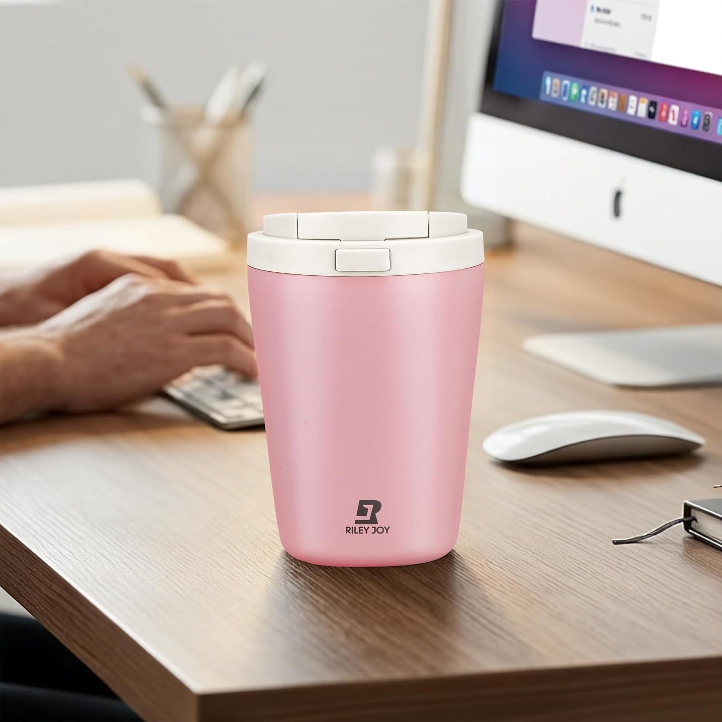 12oz Insulated Travel Coffee Mug, Hot & Iced Coffee Cups with Lids, White | 100% Leak Proof, Stainless Steel Vacuum Insulated, Cup holder Friendly, One-Touch Open, To Go, Reusable, Coffee Tumbler