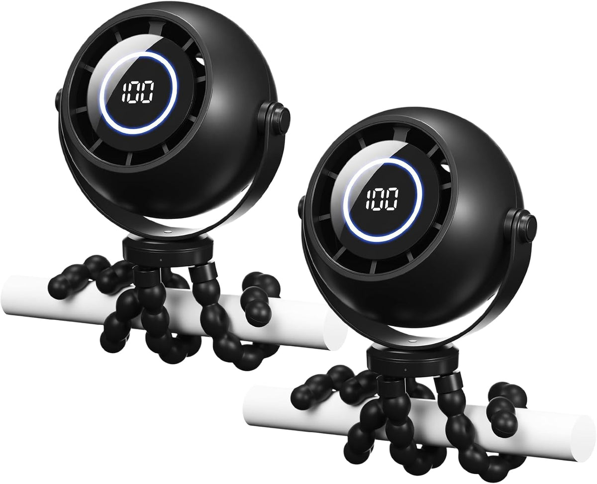2 Pack Clip-On Stroller Fan 4000mAh, 3 Speeds 360° LED Display