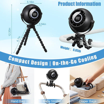 2 Pack Clip-On Stroller Fan 4000mAh, 3 Speeds 360° LED Display
