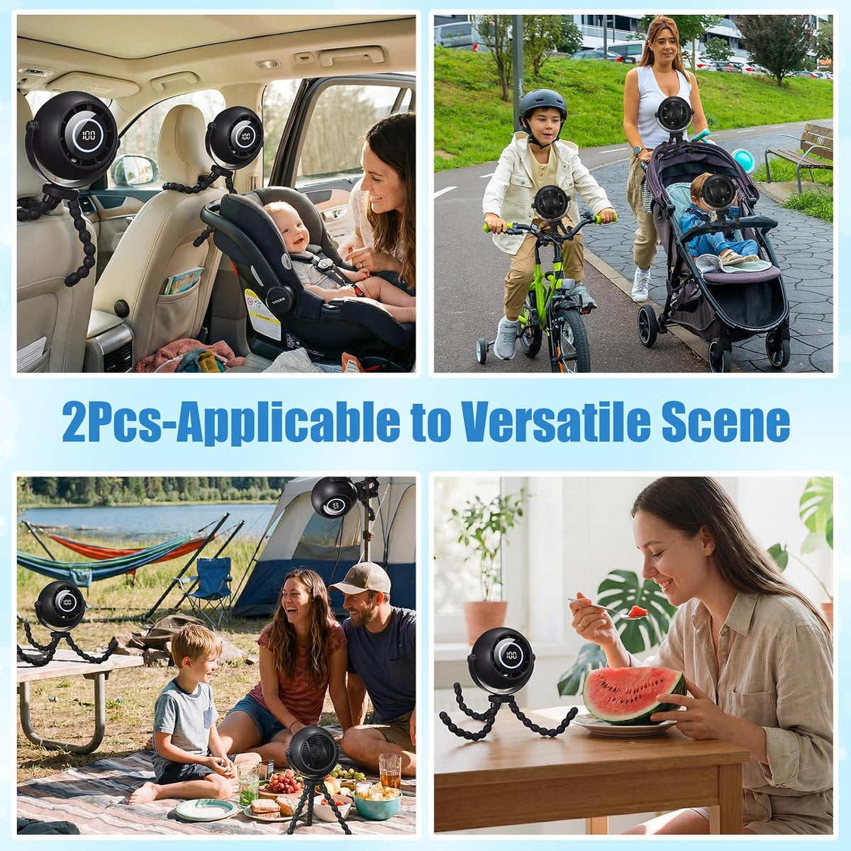 2 Pack Clip-On Stroller Fan 4000mAh, 3 Speeds 360° LED Display