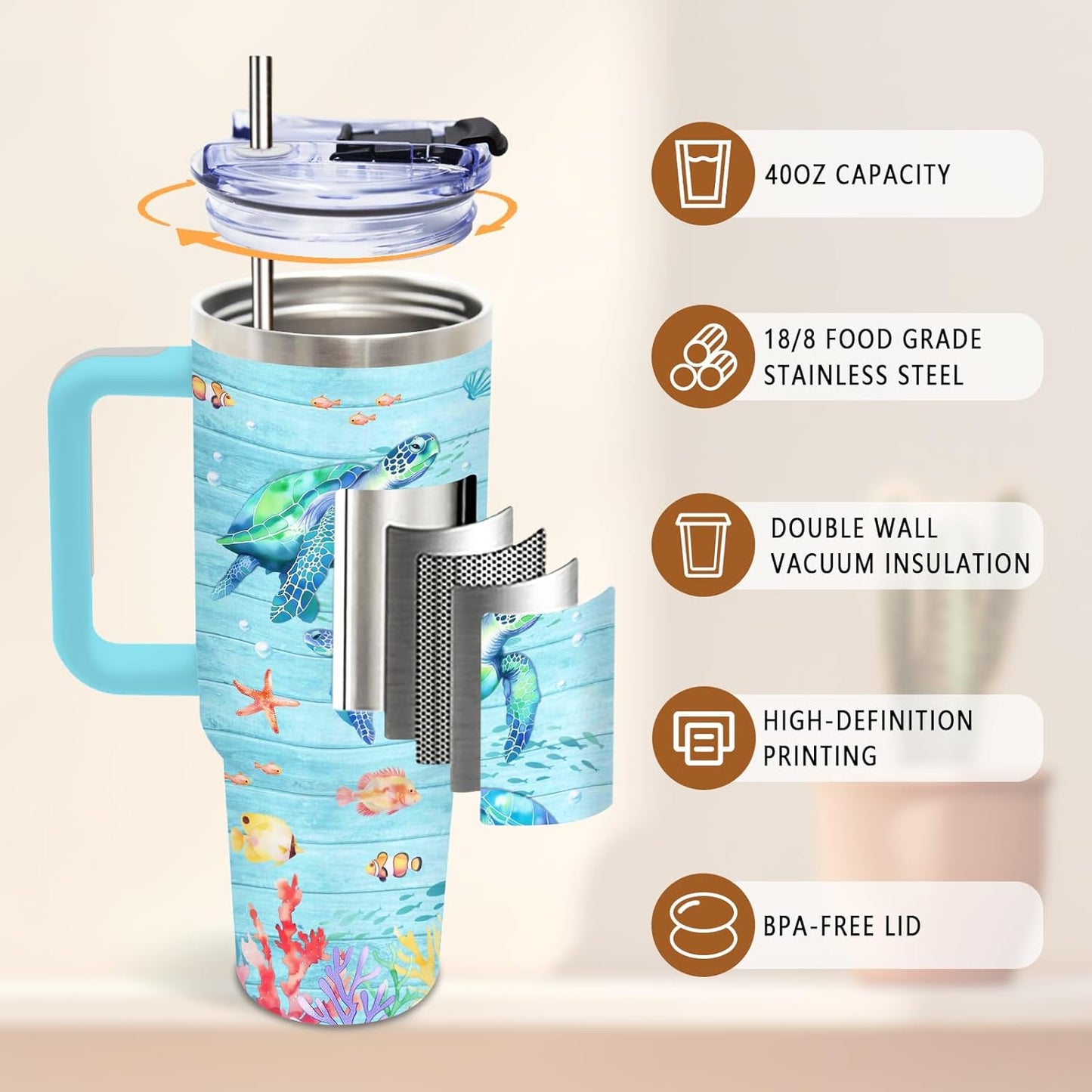 Sea Turtle Tumbler 40oz, Blue Turtles Cup Gifts for Women | Ocean Themed Tumbler for Beach Lovers Leakproof, Cute Animal Print Water Bottle, Ideal Gifts for Sea Turtle Lover, 1 Pack