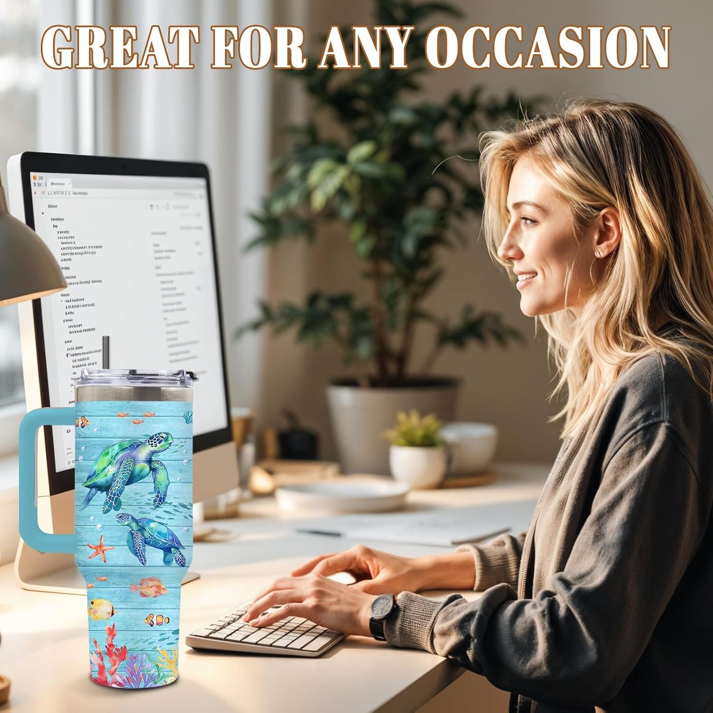 Sea Turtle Tumbler 40oz, Blue Turtles Cup Gifts for Women | Ocean Themed Tumbler for Beach Lovers Leakproof, Cute Animal Print Water Bottle, Ideal Gifts for Sea Turtle Lover, 1 Pack