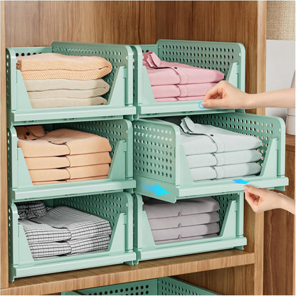 Stackable Closet Organizer Box, Multifunctional & Foldable Closet Storage Basket for Bathroom Kitchen Laundry Room Wardrobe Storage, Space-Saving Clothes Storage Drawer Organizer, Pink