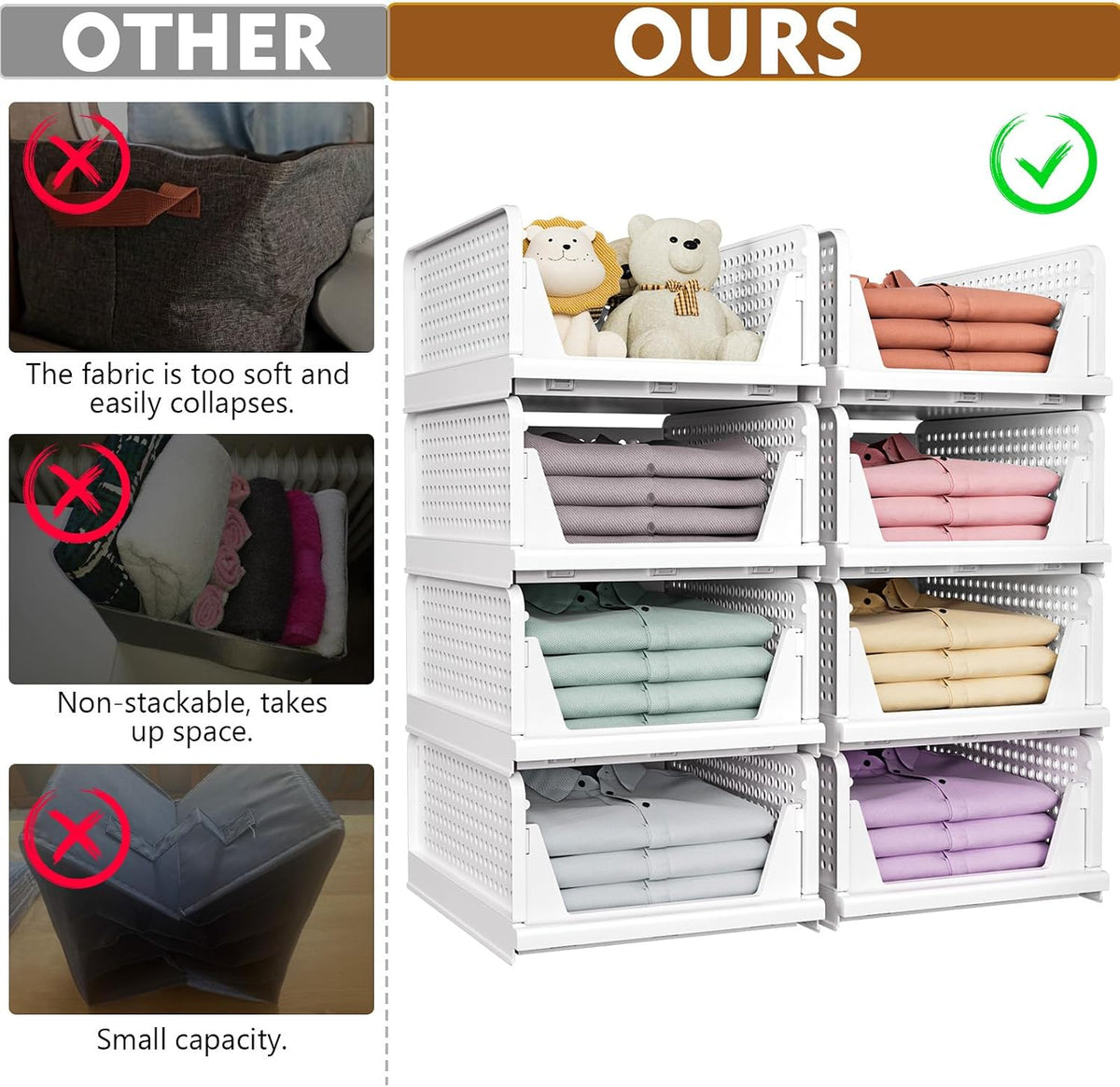 Stackable Closet Organizer Box, Multifunctional & Foldable Closet Storage Basket for Bathroom Kitchen Laundry Room Wardrobe Storage, Space-Saving Clothes Storage Drawer Organizer, Pink