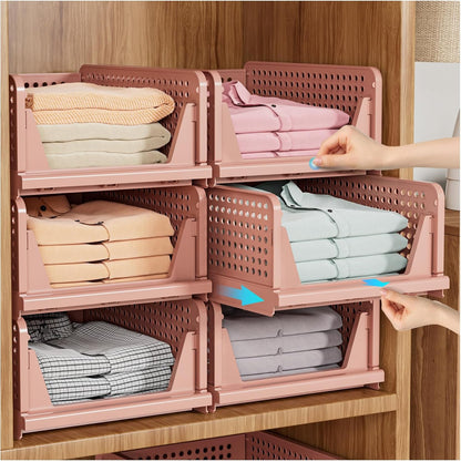 Stackable Closet Organizer Box, Multifunctional & Foldable Closet Storage Basket for Bathroom Kitchen Laundry Room Wardrobe Storage, Space-Saving Clothes Storage Drawer Organizer, Pink