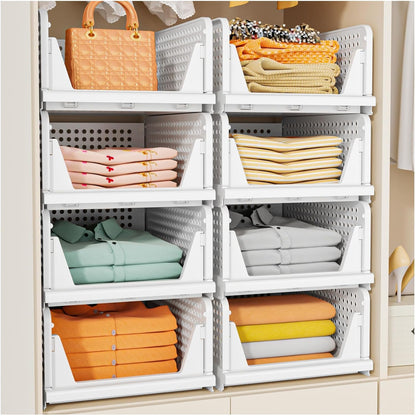 Stackable Closet Organizer Box, Multifunctional & Foldable Closet Storage Basket for Bathroom Kitchen Laundry Room Wardrobe Storage, Space-Saving Clothes Storage Drawer Organizer, Pink