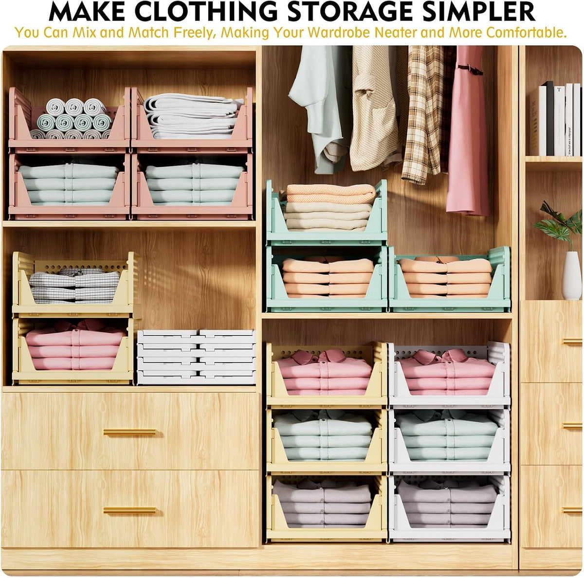 Stackable Closet Organizer Box, Multifunctional & Foldable Closet Storage Basket for Bathroom Kitchen Laundry Room Wardrobe Storage, Space-Saving Clothes Storage Drawer Organizer, Pink