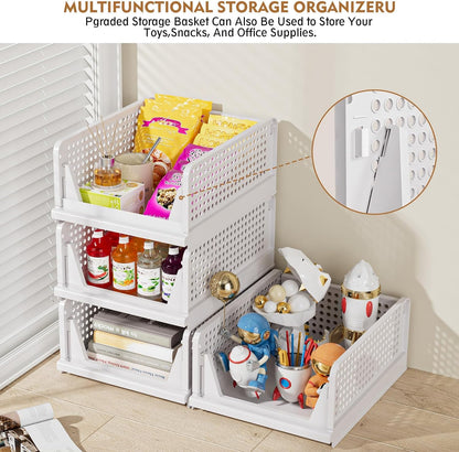 Stackable Closet Organizer Box, Multifunctional & Foldable Closet Storage Basket for Bathroom Kitchen Laundry Room Wardrobe Storage, Space-Saving Clothes Storage Drawer Organizer, Pink