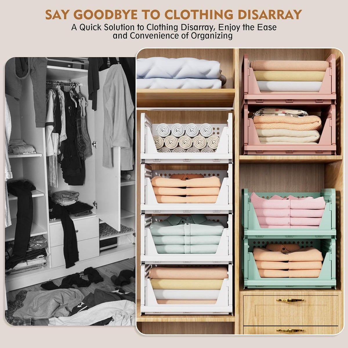 Stackable Closet Organizer Box, Multifunctional & Foldable Closet Storage Basket for Bathroom Kitchen Laundry Room Wardrobe Storage, Space-Saving Clothes Storage Drawer Organizer, Pink