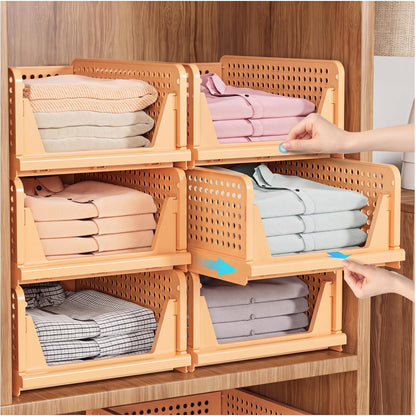 Stackable Closet Organizer Box, Multifunctional & Foldable Closet Storage Basket for Bathroom Kitchen Laundry Room Wardrobe Storage, Space-Saving Clothes Storage Drawer Organizer, Pink