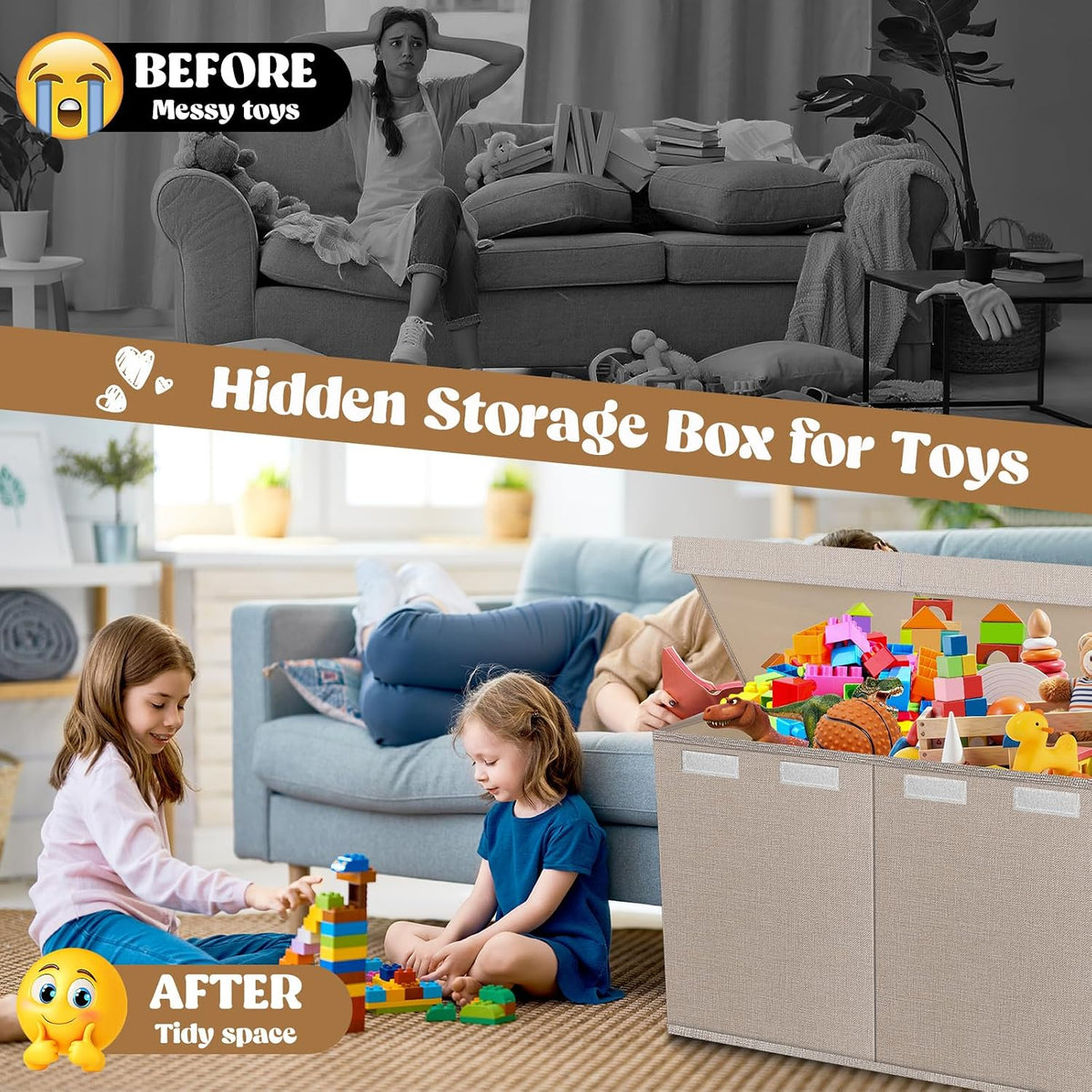 Extra Large Toy Box with Lids, Collapsible Storage Bin, 38"x16"x14",Black