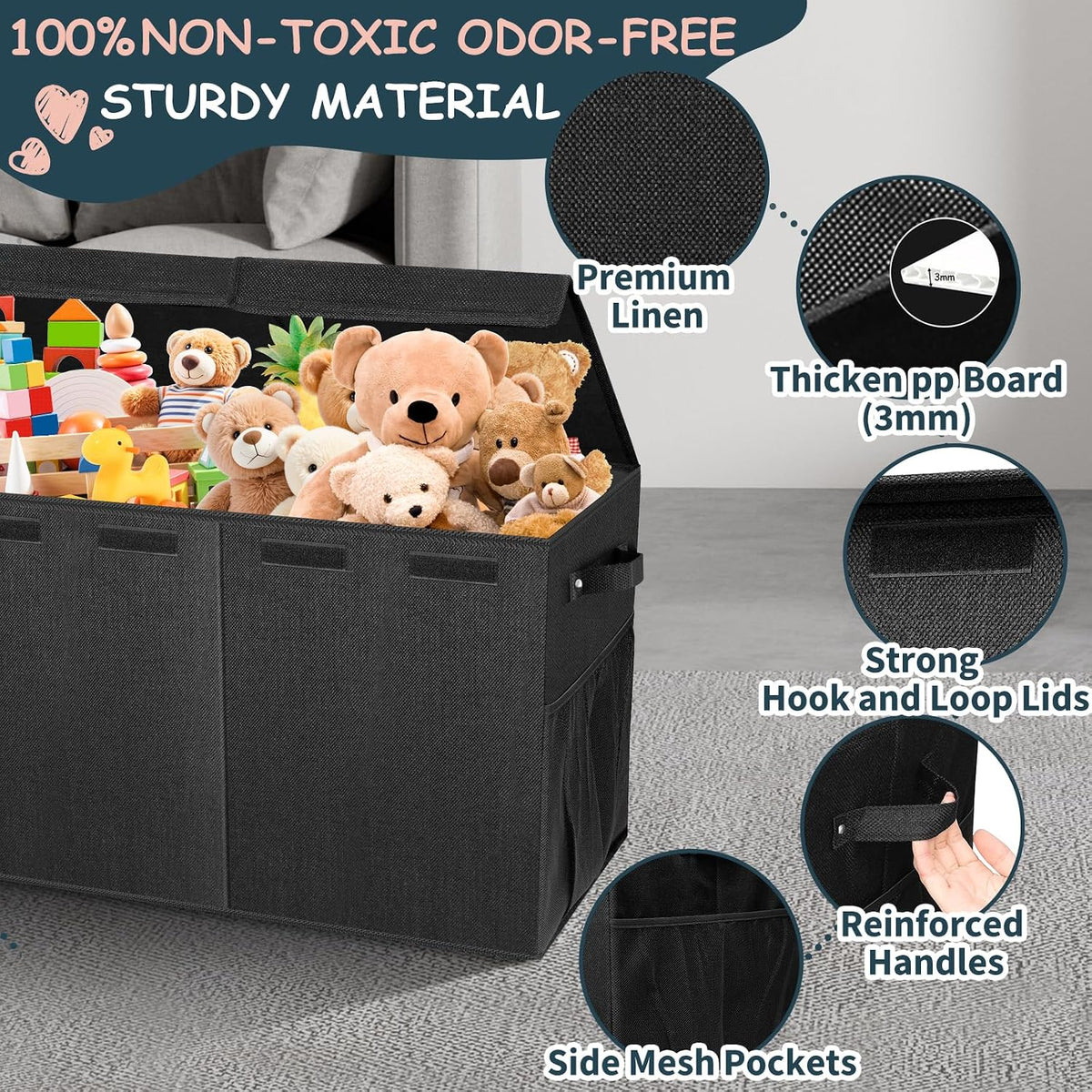 Extra Large Toy Box with Lids, Collapsible Storage Bin, 38"x16"x14",Black