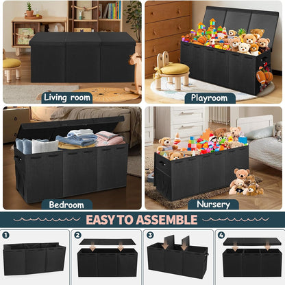 Extra Large Toy Box with Lids, Collapsible Storage Bin, 38"x16"x14",Black