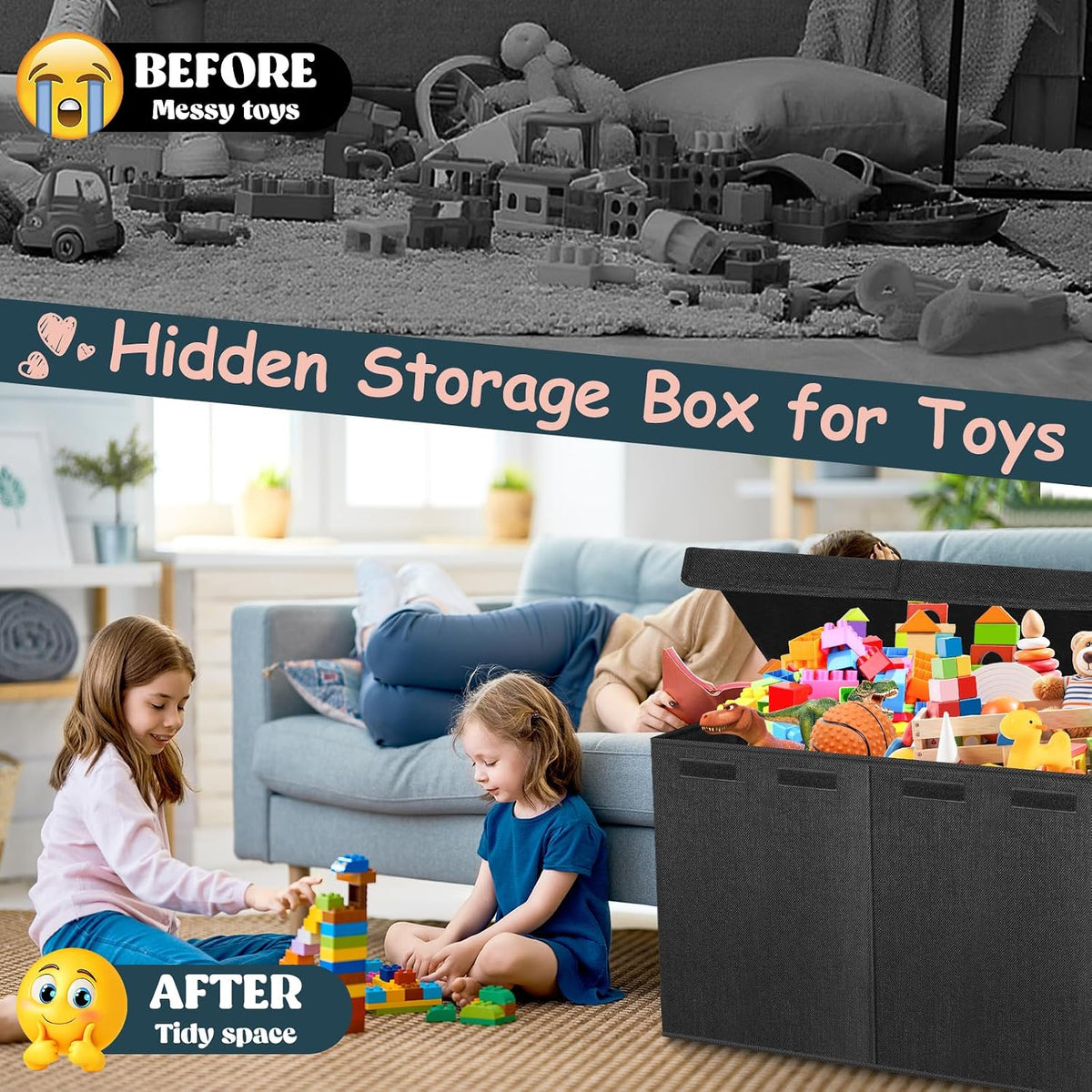 Extra Large Toy Box with Lids, Collapsible Storage Bin, 38"x16"x14",Black