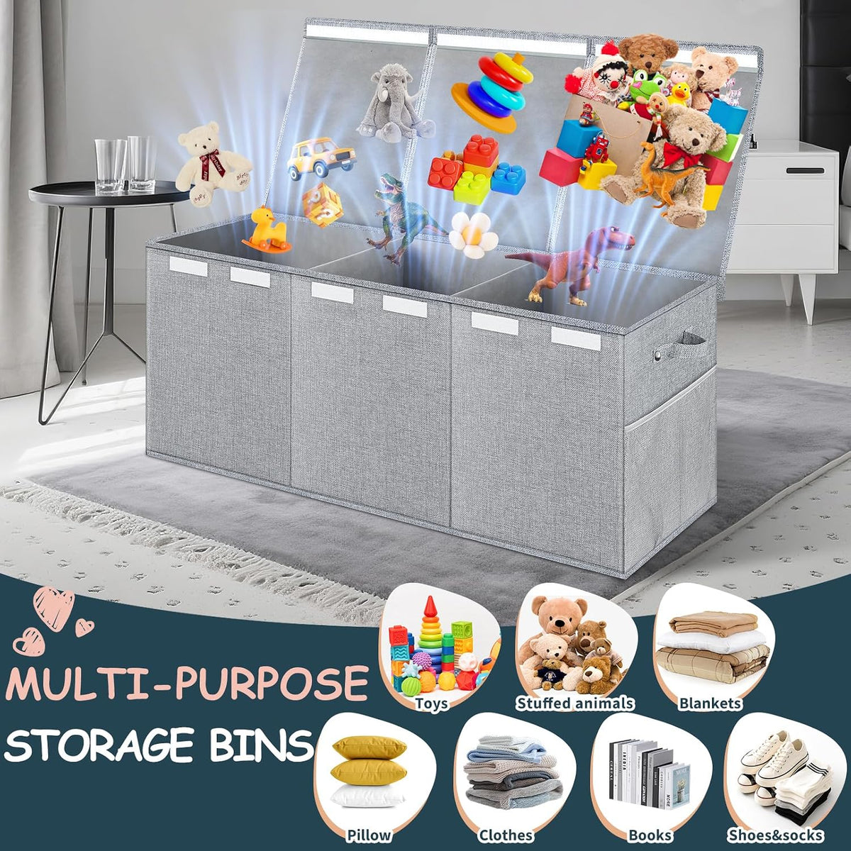 Extra Large Toy Box with Lids, Collapsible Storage Bin, 38"x16"x14",Black