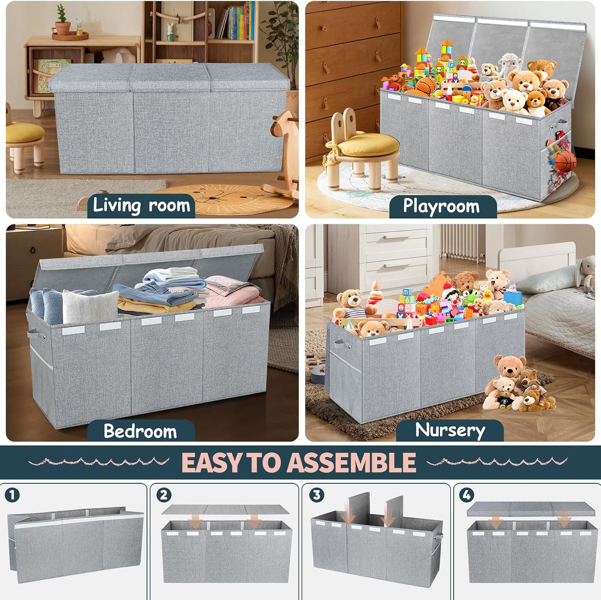 Extra Large Toy Box with Lids, Collapsible Storage Bin, 38"x16"x14",Black