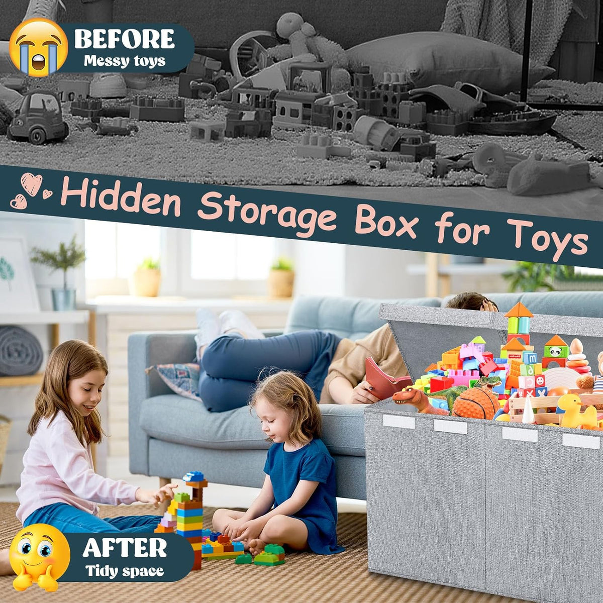 Extra Large Toy Box with Lids, Collapsible Storage Bin, 38"x16"x14",Black