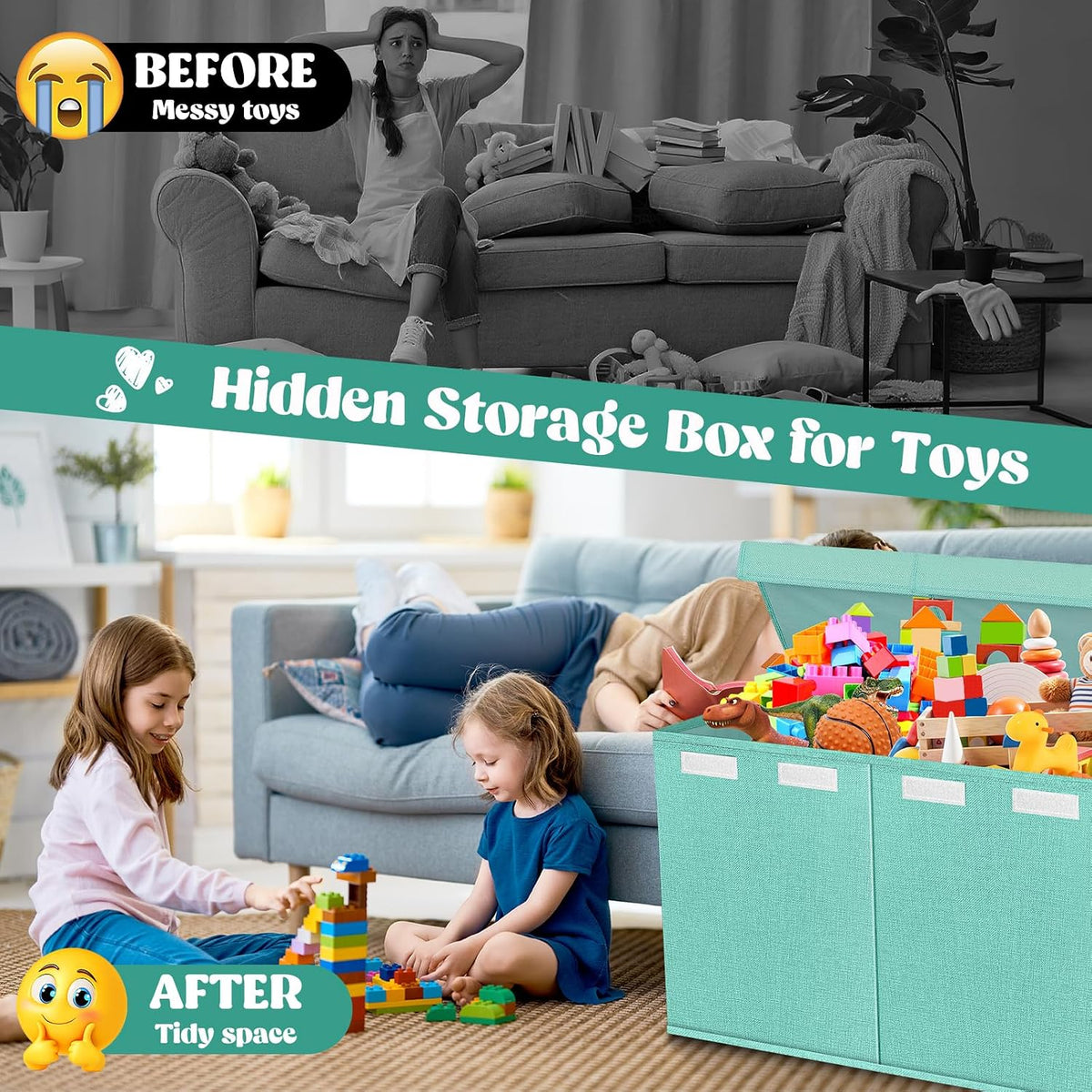 Extra Large Toy Box with Lids, Collapsible Storage Bin, 38"x16"x14",Black