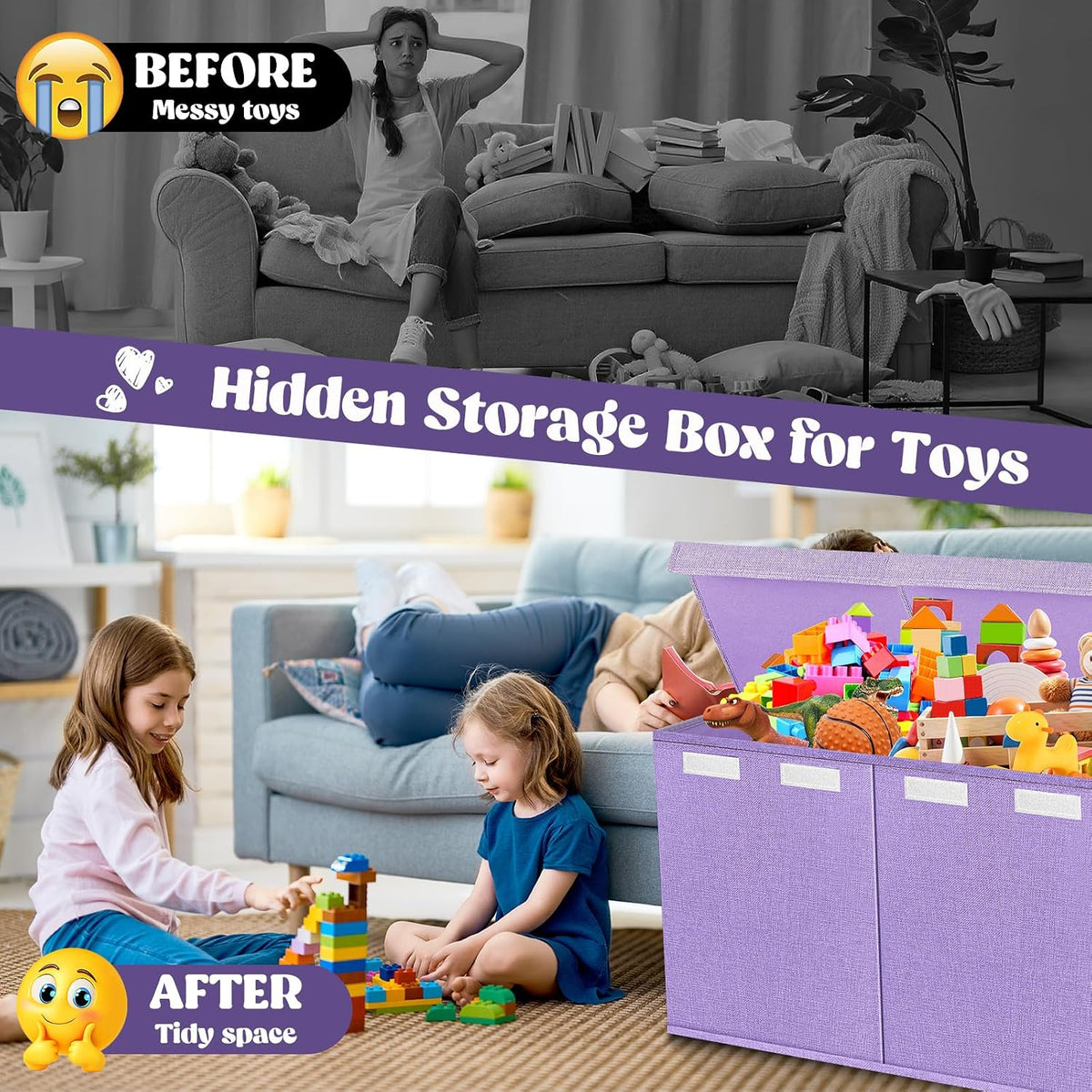 Extra Large Toy Box with Lids, Collapsible Storage Bin, 38"x16"x14",Black