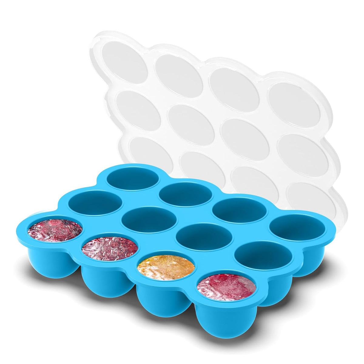 Baby Food Storage Container, 12 Portions x 2.5oz - BPA Free Silicone Freezer Tray with Clip-On Lid for Breast Milk Storage, Homemade Baby Food, Vegetable & Fruit Purees - Blue