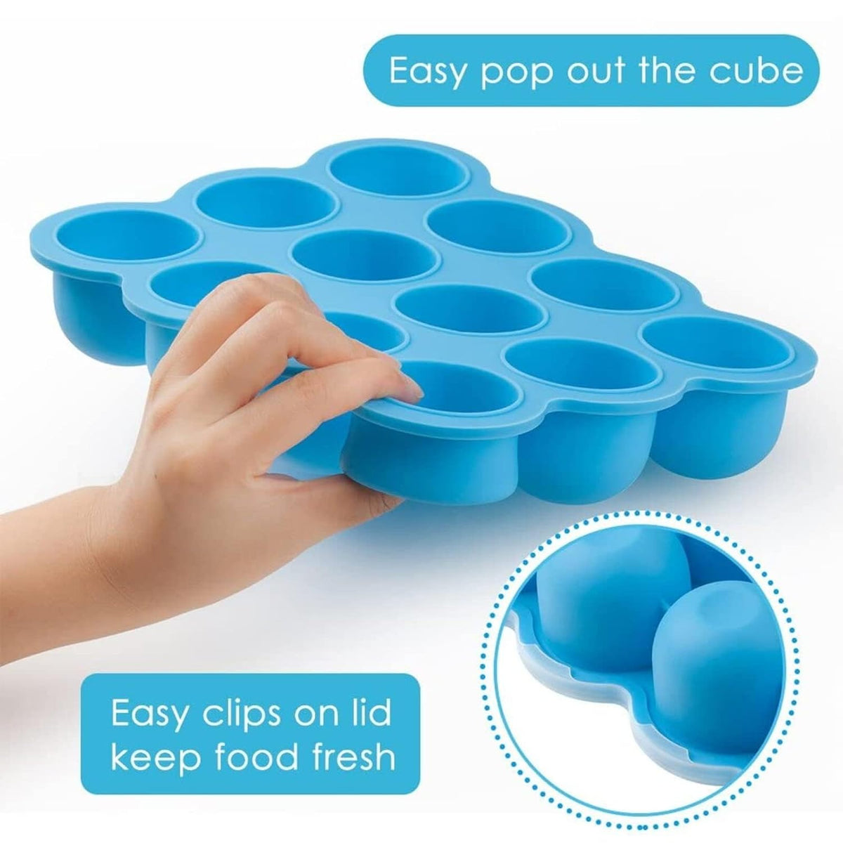 Baby Food Storage Container, 12 Portions x 2.5oz - BPA Free Silicone Freezer Tray with Clip-On Lid for Breast Milk Storage, Homemade Baby Food, Vegetable & Fruit Purees - Blue