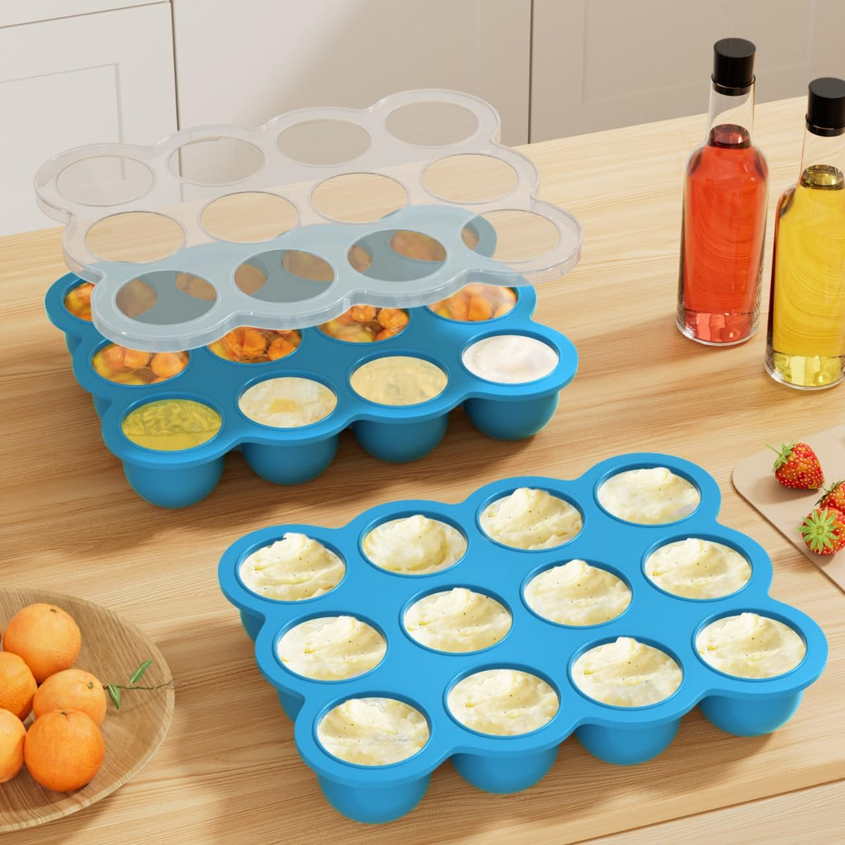 Baby Food Storage Container, 12 Portions x 2.5oz - BPA Free Silicone Freezer Tray with Clip-On Lid for Breast Milk Storage, Homemade Baby Food, Vegetable & Fruit Purees - Blue