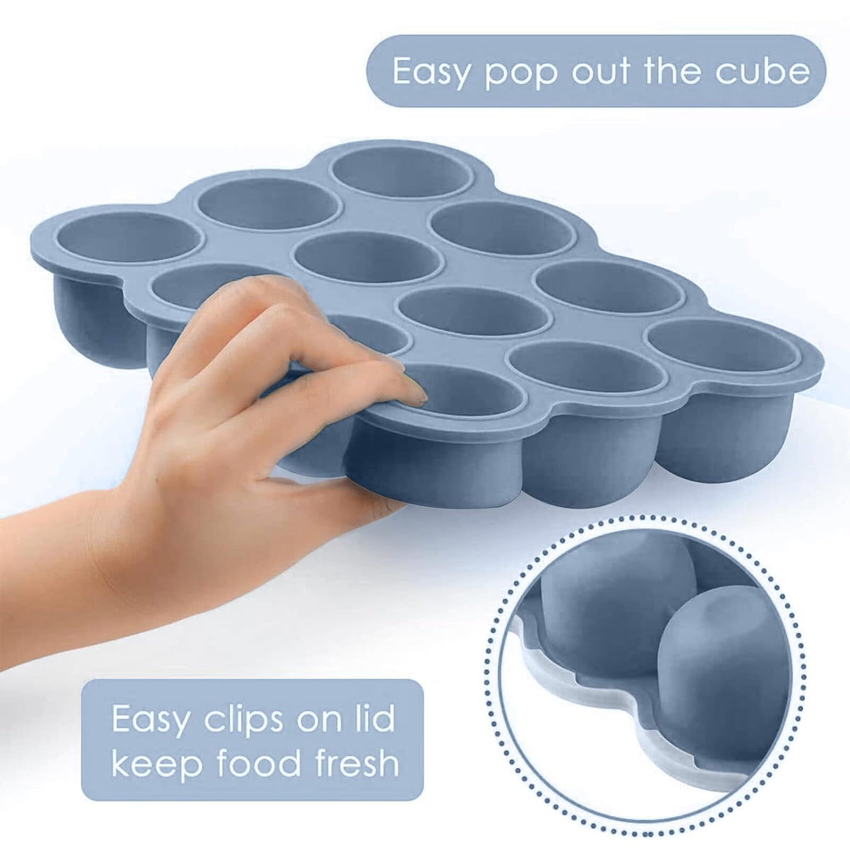 Baby Food Storage Container, 12 Portions x 2.5oz - BPA Free Silicone Freezer Tray with Clip-On Lid for Breast Milk Storage, Homemade Baby Food, Vegetable & Fruit Purees - Blue