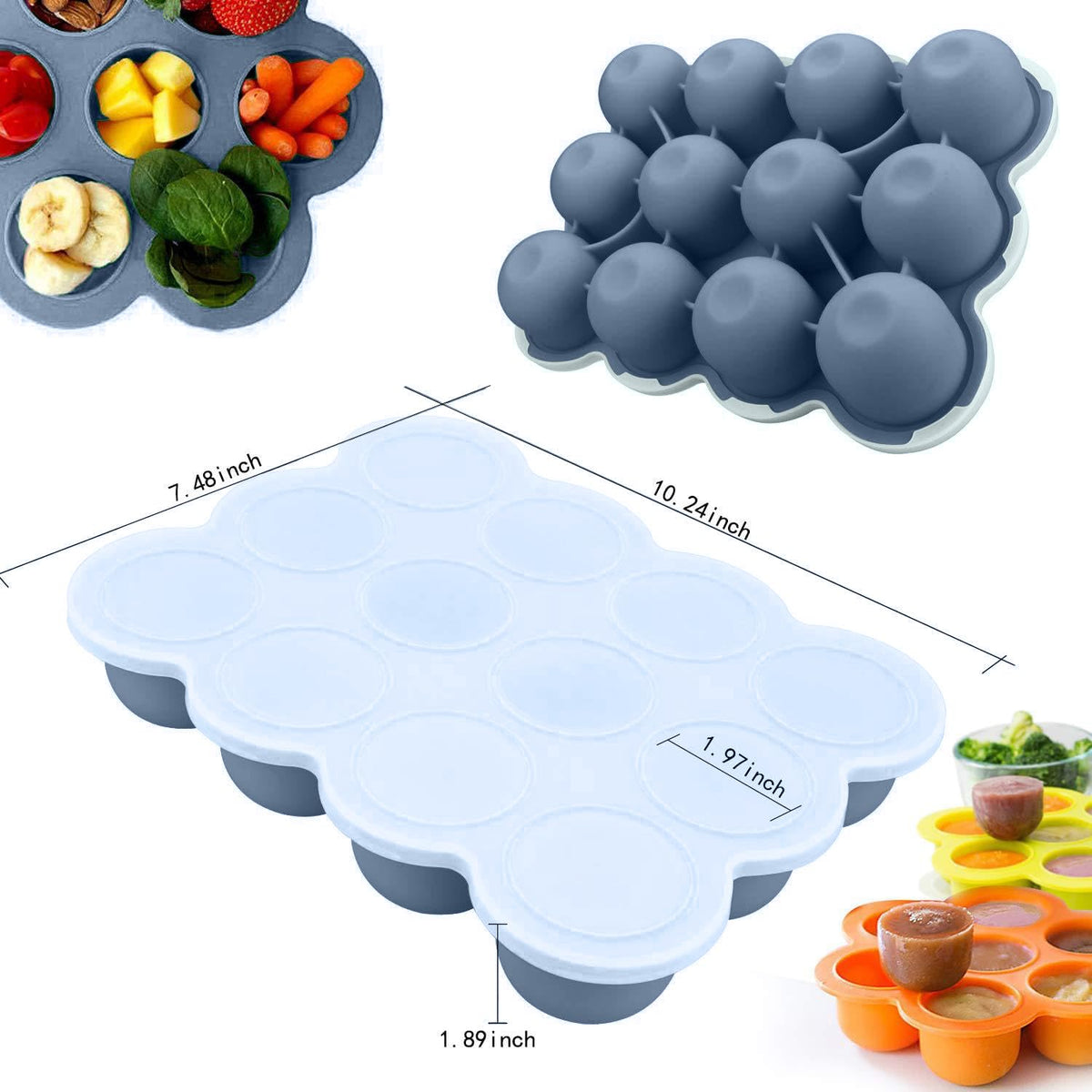 Baby Food Storage Container, 12 Portions x 2.5oz - BPA Free Silicone Freezer Tray with Clip-On Lid for Breast Milk Storage, Homemade Baby Food, Vegetable & Fruit Purees - Blue