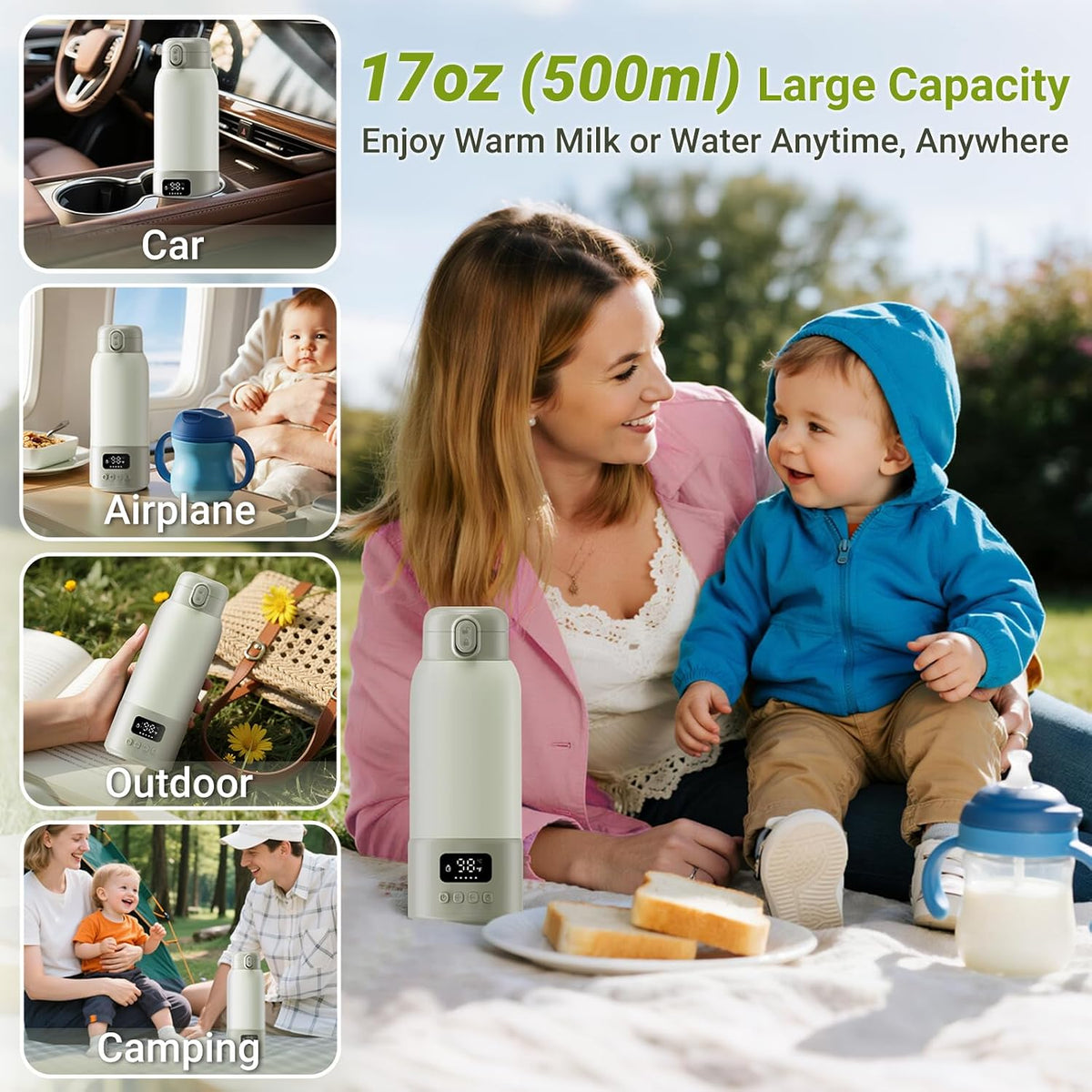 Portable Bottle Warmer, 17oz Large Capacity Milk Warmer for Baby, Fast Heating for Breast Milk & Formula & Water, Long Battery Life Portable Milk Warmer for Travel with Pasteurization, Purple