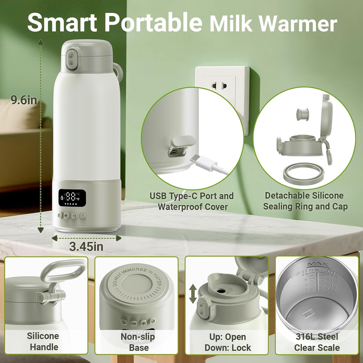 Portable Bottle Warmer, 17oz Large Capacity Milk Warmer for Baby, Fast Heating for Breast Milk & Formula & Water, Long Battery Life Portable Milk Warmer for Travel with Pasteurization, Purple