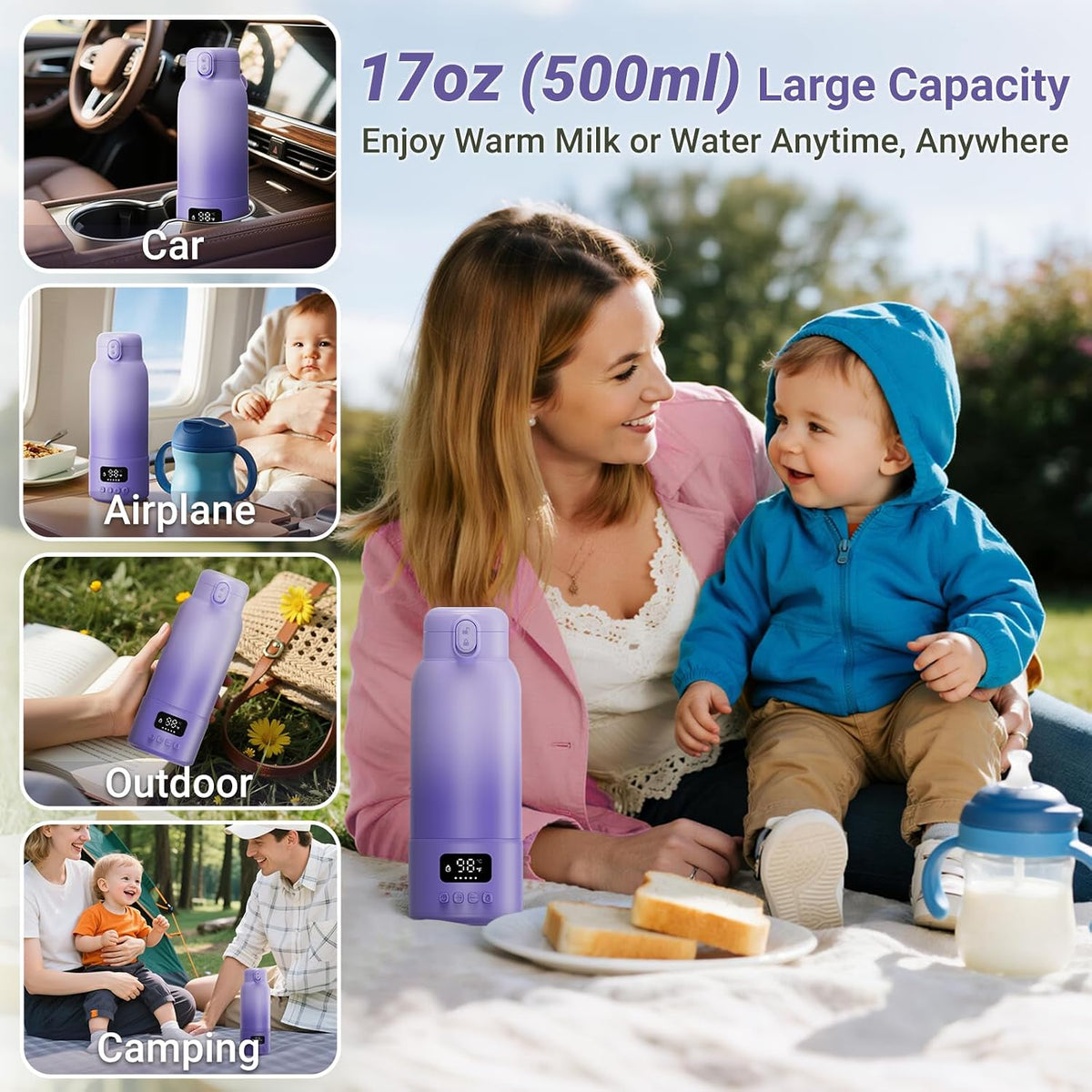 Portable Bottle Warmer, 17oz Large Capacity Milk Warmer for Baby, Fast Heating for Breast Milk & Formula & Water, Long Battery Life Portable Milk Warmer for Travel with Pasteurization, Purple