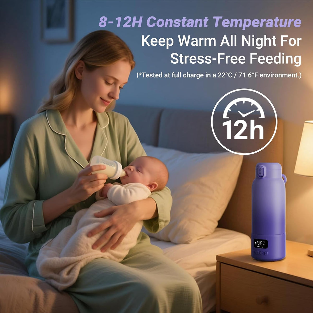 Portable Bottle Warmer, 17oz Large Capacity Milk Warmer for Baby, Fast Heating for Breast Milk & Formula & Water, Long Battery Life Portable Milk Warmer for Travel with Pasteurization, Purple
