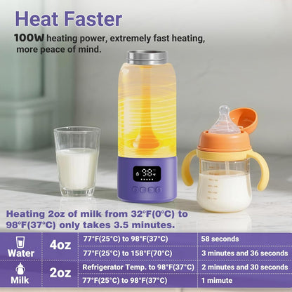 Portable Bottle Warmer, 17oz Large Capacity Milk Warmer for Baby, Fast Heating for Breast Milk & Formula & Water, Long Battery Life Portable Milk Warmer for Travel with Pasteurization, Purple