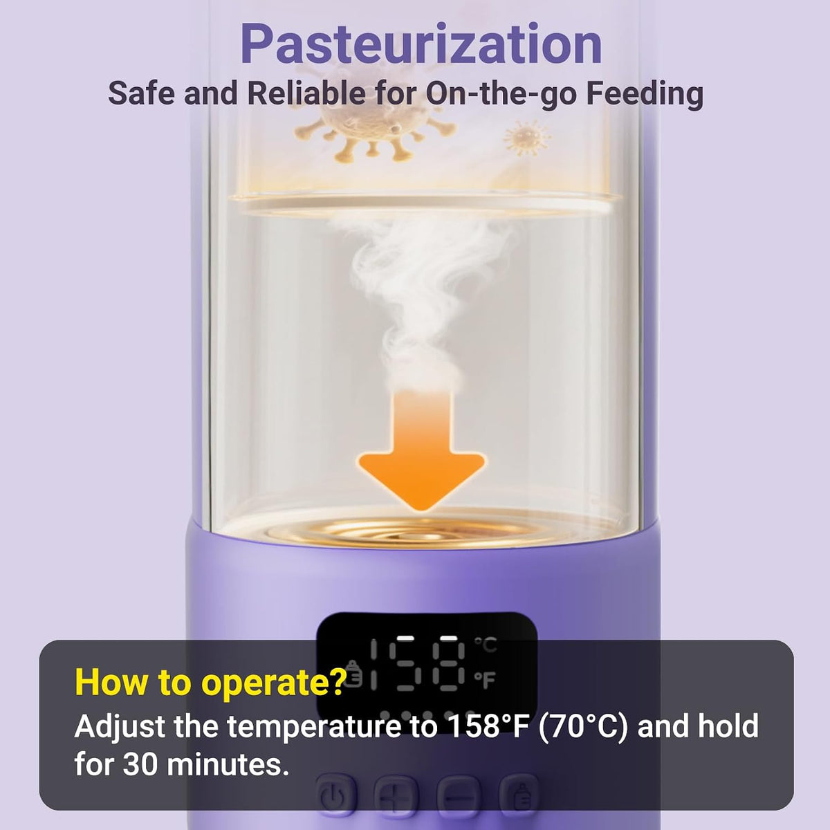 Portable Bottle Warmer, 17oz Large Capacity Milk Warmer for Baby, Fast Heating for Breast Milk & Formula & Water, Long Battery Life Portable Milk Warmer for Travel with Pasteurization, Purple