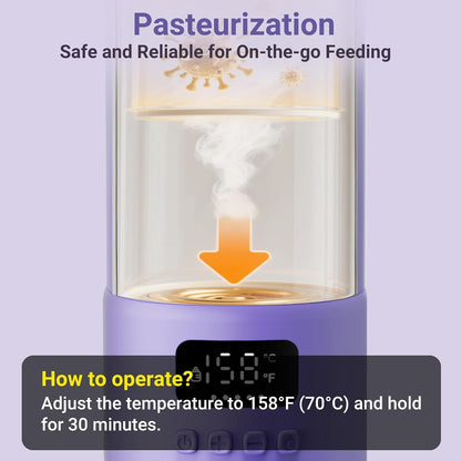 Portable Bottle Warmer, 17oz Large Capacity Milk Warmer for Baby, Fast Heating for Breast Milk & Formula & Water, Long Battery Life Portable Milk Warmer for Travel with Pasteurization, Purple