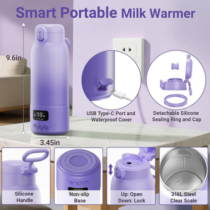 Portable Bottle Warmer, 17oz Large Capacity Milk Warmer for Baby, Fast Heating for Breast Milk & Formula & Water, Long Battery Life Portable Milk Warmer for Travel with Pasteurization, Purple