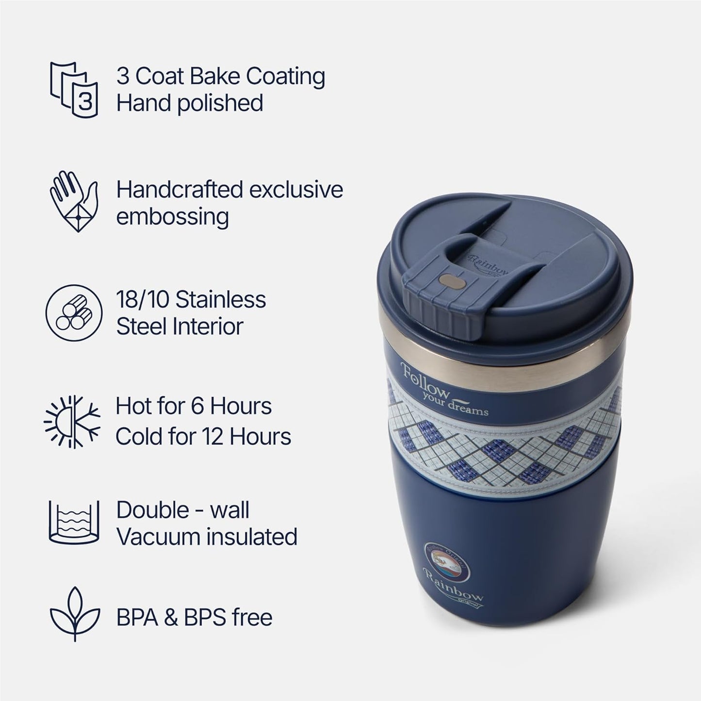 13 oz Travel Coffee Tumbler – 6H hot / 12H cold, Mig-White | 18/10 Stainless Steel, double wall vacuum insulation, keeps hot 6h & cold 12h, BPA free, ideal for office, camping, commutes