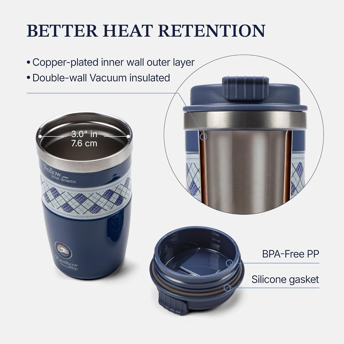 13 oz Travel Coffee Tumbler – 6H hot / 12H cold, Mig-White | 18/10 Stainless Steel, double wall vacuum insulation, keeps hot 6h & cold 12h, BPA free, ideal for office, camping, commutes
