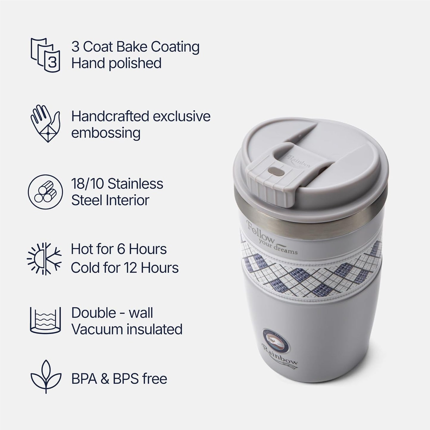 13 oz Travel Coffee Tumbler – 6H hot / 12H cold, Mig-White | 18/10 Stainless Steel, double wall vacuum insulation, keeps hot 6h & cold 12h, BPA free, ideal for office, camping, commutes
