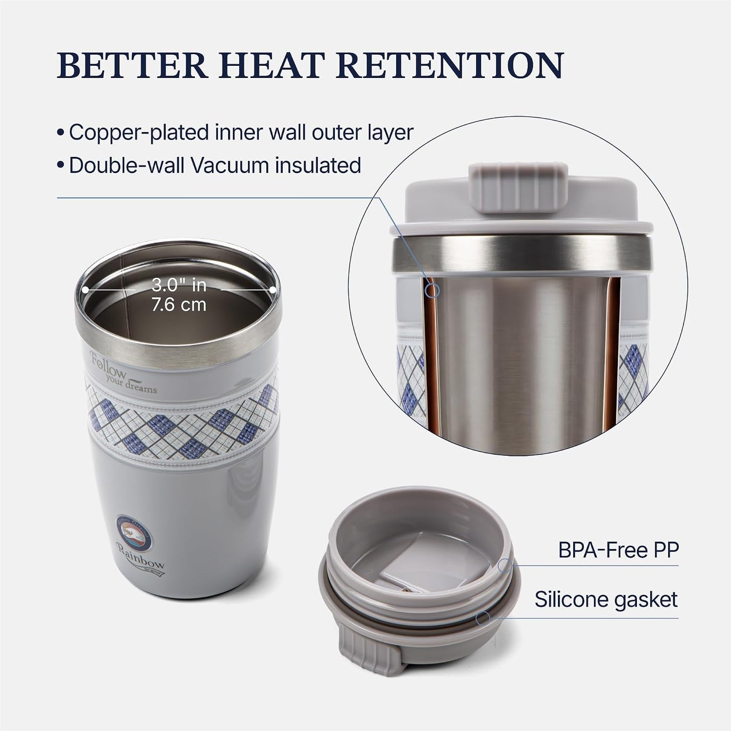 13 oz Travel Coffee Tumbler – 6H hot / 12H cold, Mig-White | 18/10 Stainless Steel, double wall vacuum insulation, keeps hot 6h & cold 12h, BPA free, ideal for office, camping, commutes