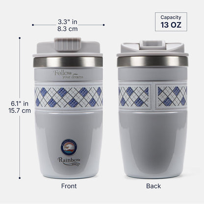 13 oz Travel Coffee Tumbler – 6H hot / 12H cold, Mig-White | 18/10 Stainless Steel, double wall vacuum insulation, keeps hot 6h & cold 12h, BPA free, ideal for office, camping, commutes