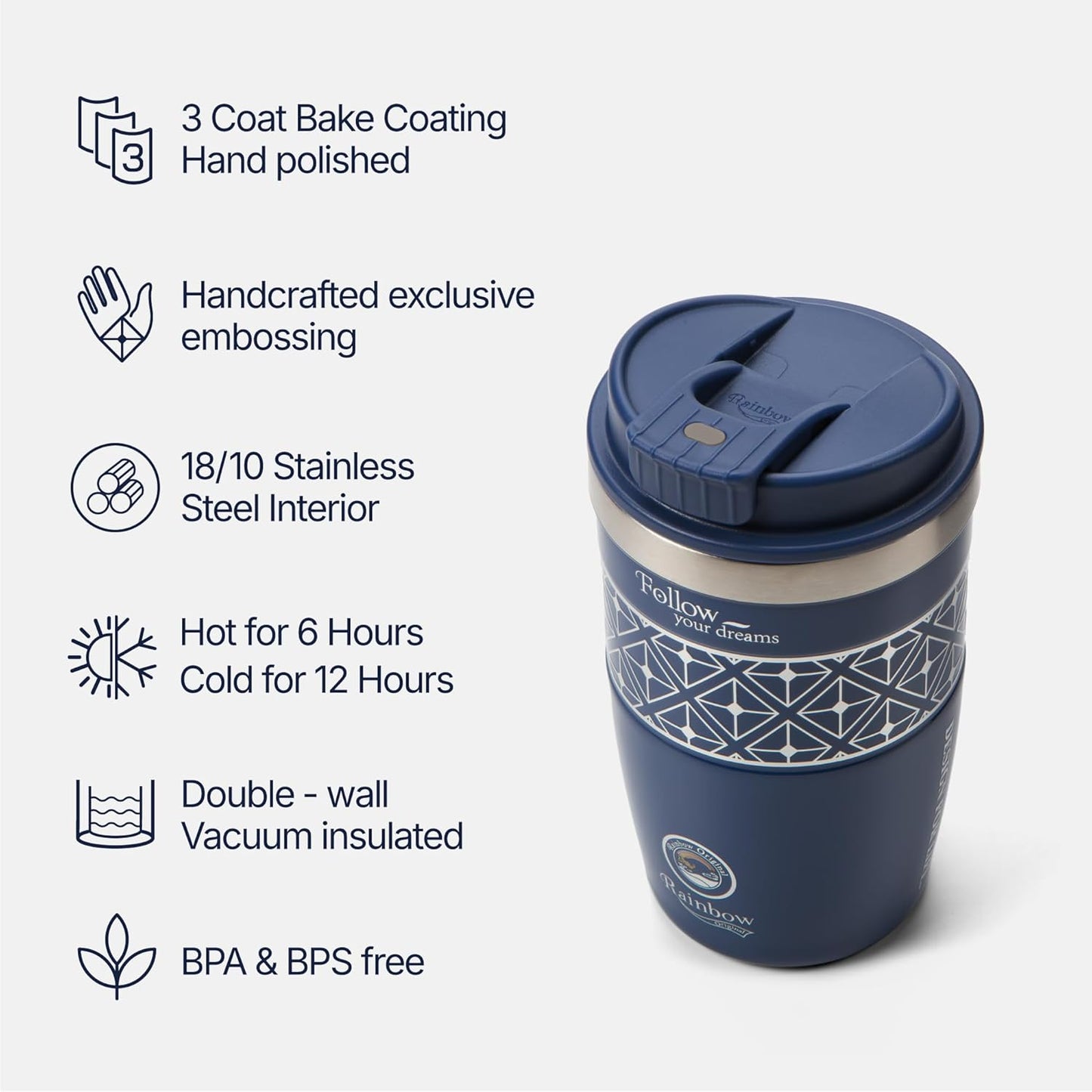 13 oz Travel Coffee Tumbler – 6H hot / 12H cold, Mig-White | 18/10 Stainless Steel, double wall vacuum insulation, keeps hot 6h & cold 12h, BPA free, ideal for office, camping, commutes