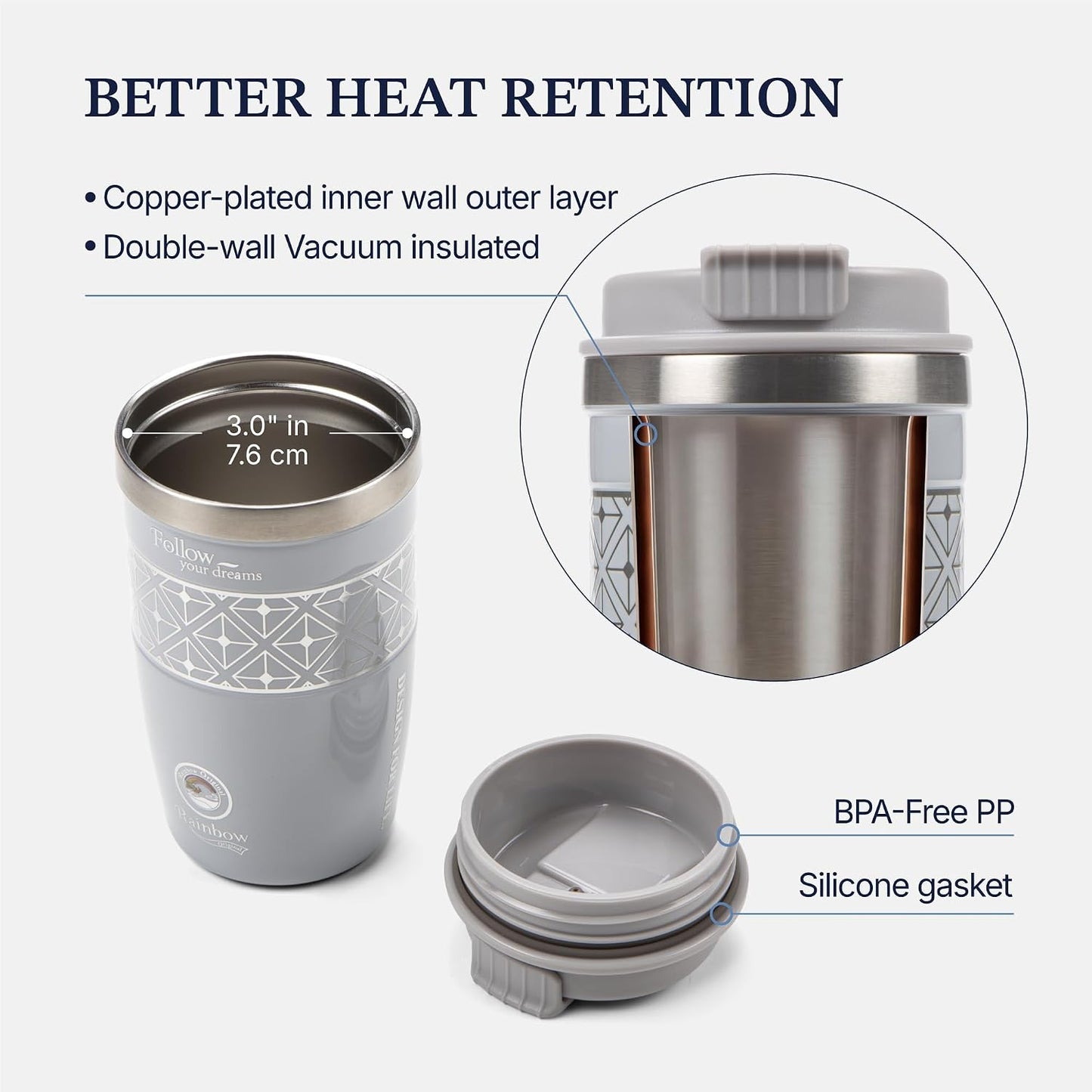 13 oz Travel Coffee Tumbler – 6H hot / 12H cold, Mig-White | 18/10 Stainless Steel, double wall vacuum insulation, keeps hot 6h & cold 12h, BPA free, ideal for office, camping, commutes