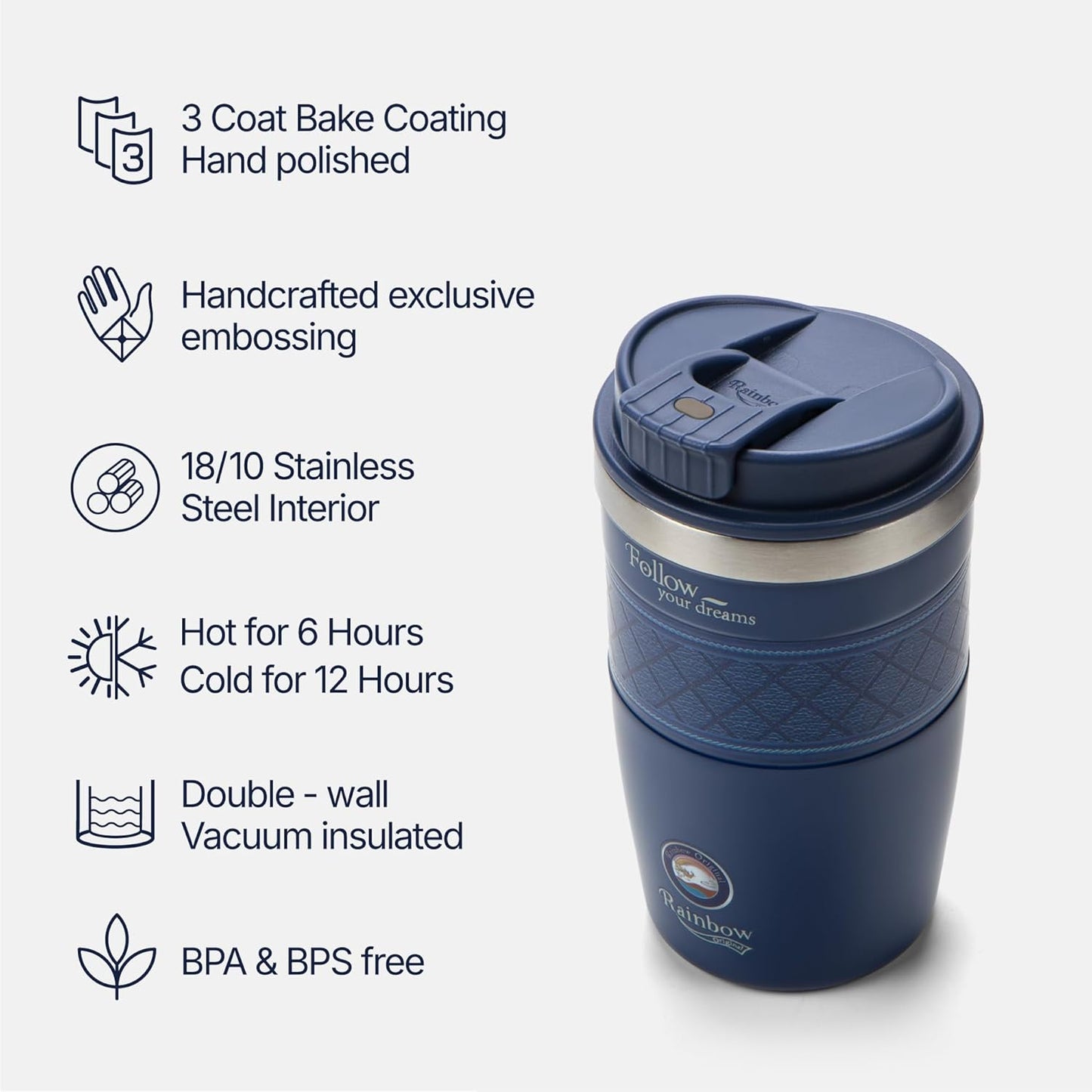 13 oz Travel Coffee Tumbler – 6H hot / 12H cold, Mig-White | 18/10 Stainless Steel, double wall vacuum insulation, keeps hot 6h & cold 12h, BPA free, ideal for office, camping, commutes