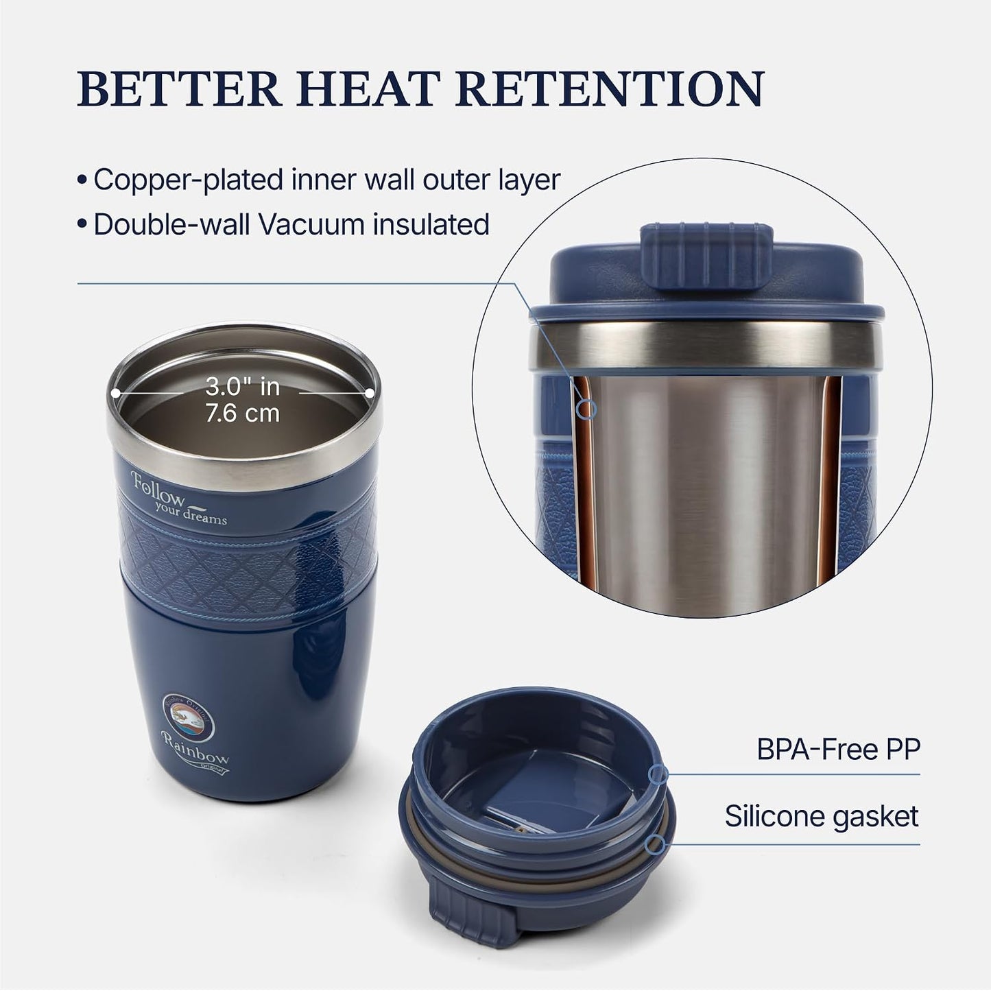 13 oz Travel Coffee Tumbler – 6H hot / 12H cold, Mig-White | 18/10 Stainless Steel, double wall vacuum insulation, keeps hot 6h & cold 12h, BPA free, ideal for office, camping, commutes